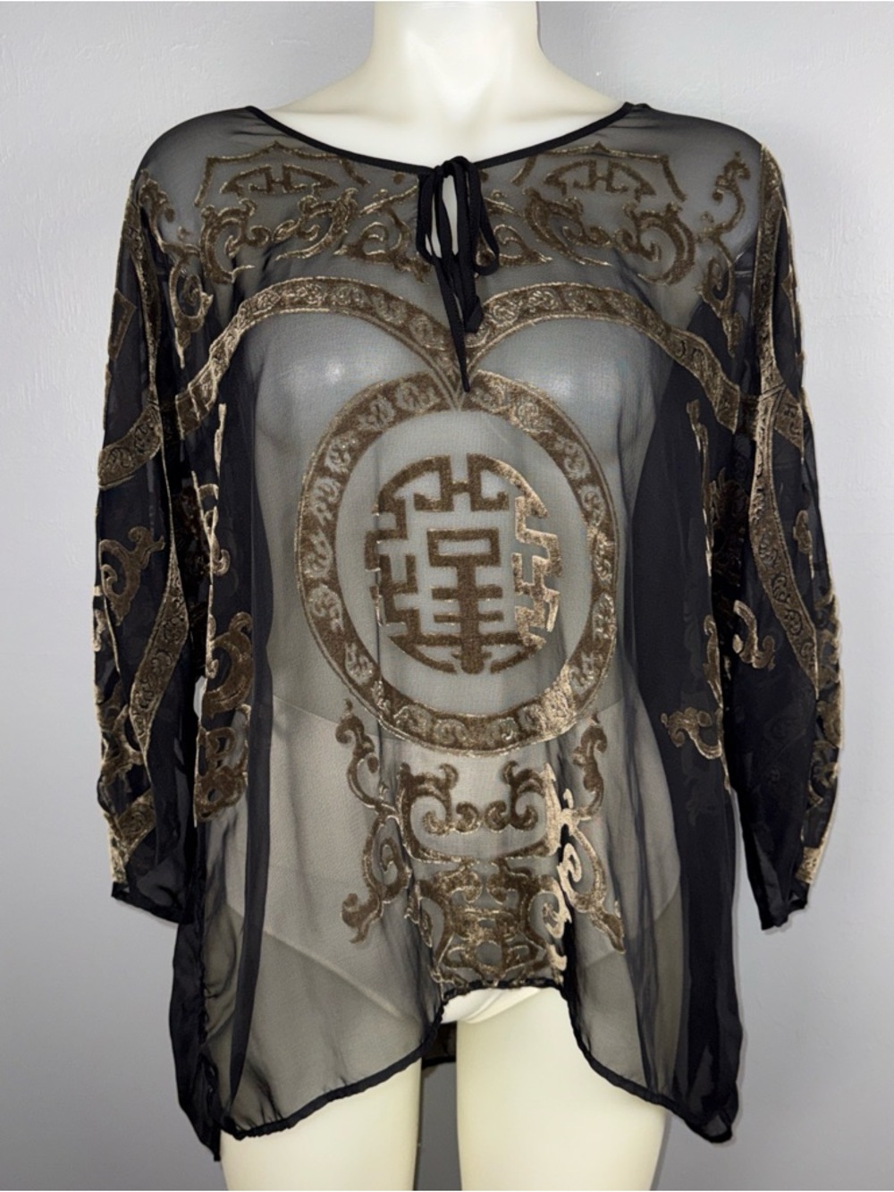 Chico's Travelers Sheer Top Women’s 3(XL) Black Velvet Burnout 3/4 Sleeves *Read